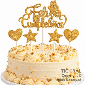 CAKE TOPPER FELIZ CUMPLEA�OS CON ESTRELLAS Y CORAZONES GIBRE ORO
